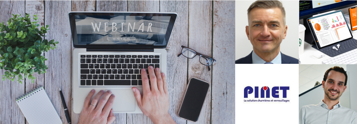 Photo d'un côté avec un pc et l'écran qui indique que c'est un webinar. A droite, le logo de Pinet industrie et deux visages