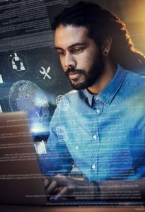 Homme , codage et réseau mondial avec icônes, ordinateur portable et application avec transformation numérique et superposition. IT, cyber avec programmation et mise à jour logicielle avec hologramme terrestre, 3D et cloud computing