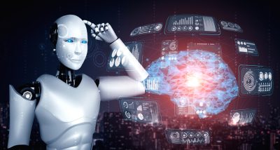Thinking AI humanoid robot analyzing hologram screen showing concept of AI brain and artificial intelligence thinking by machine learning process. 3D illustration.